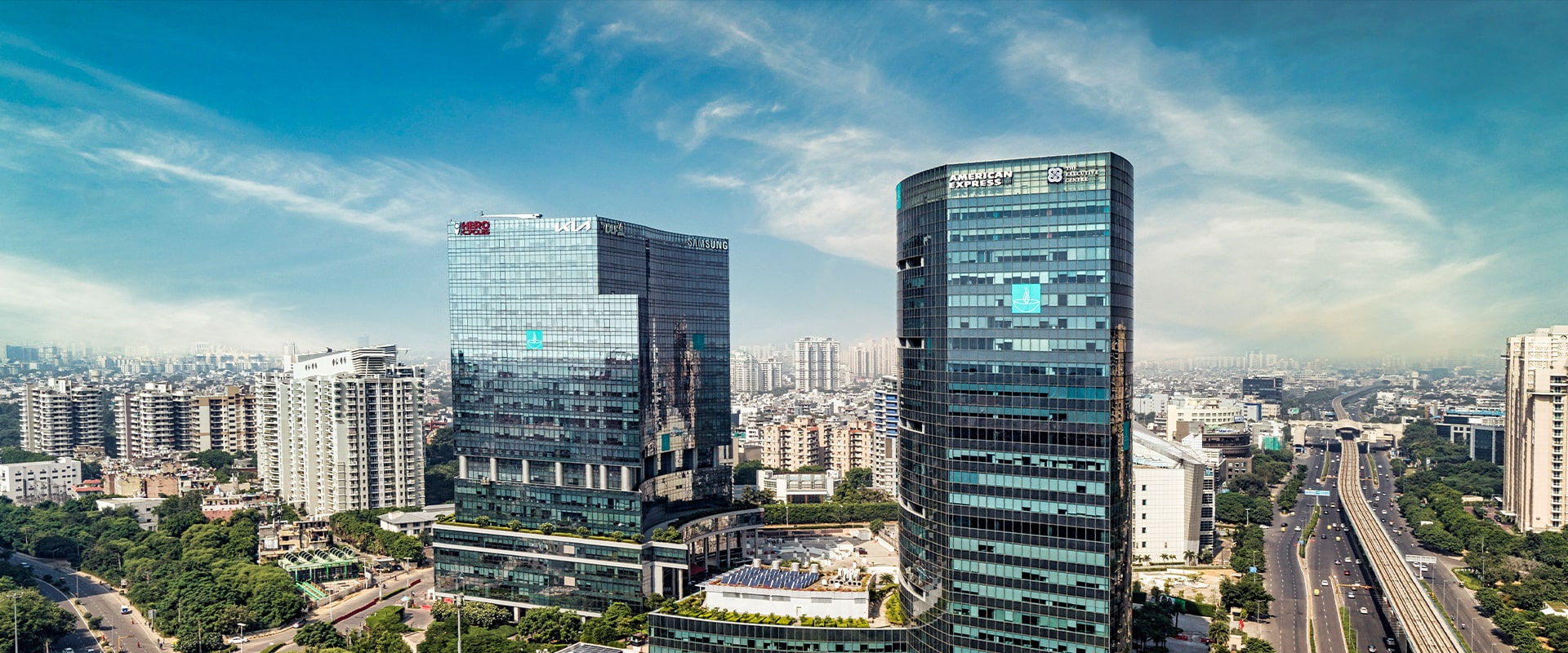 Wide aerial view of One Horizon Center and Two Horizon Center along Golf Course Road