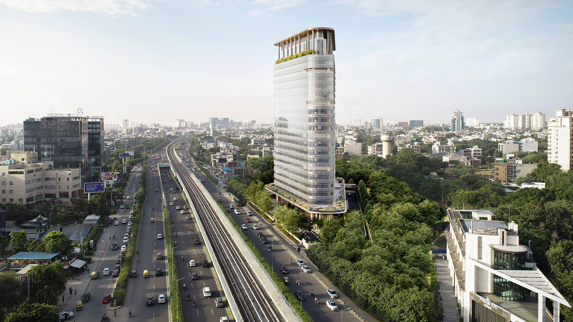 Daytime exterior rendering of the Godrej GCR curved glass tower on Golf Course Road