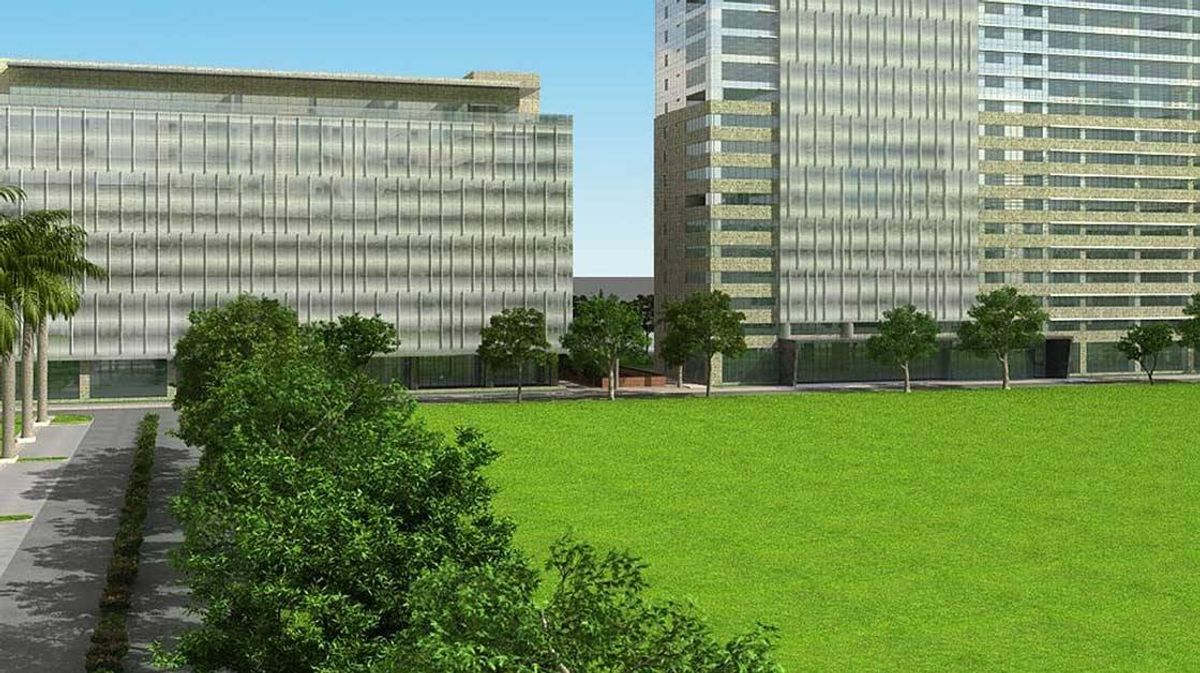 Architectural rendering of the Digital Greens twin towers