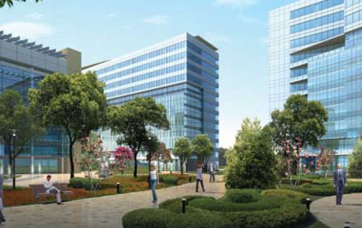 Rendering of the landscaped courtyard between the towers