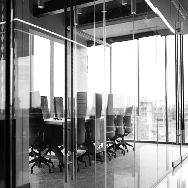 Glass-walled conference room interior