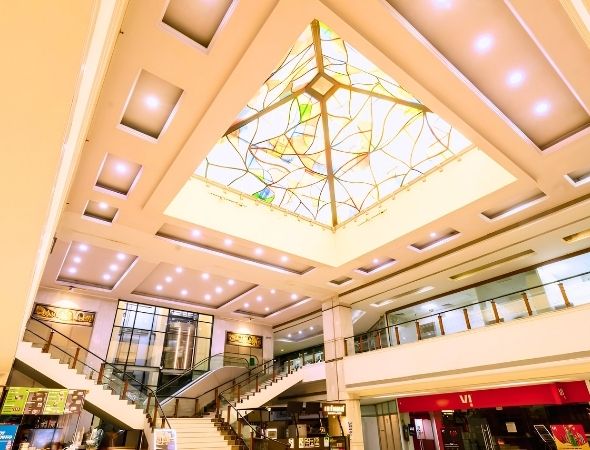 Stained-glass skylight above the atrium