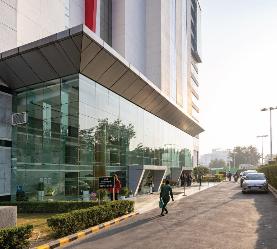 Tower entrance with wheelchair-accessible glass facade